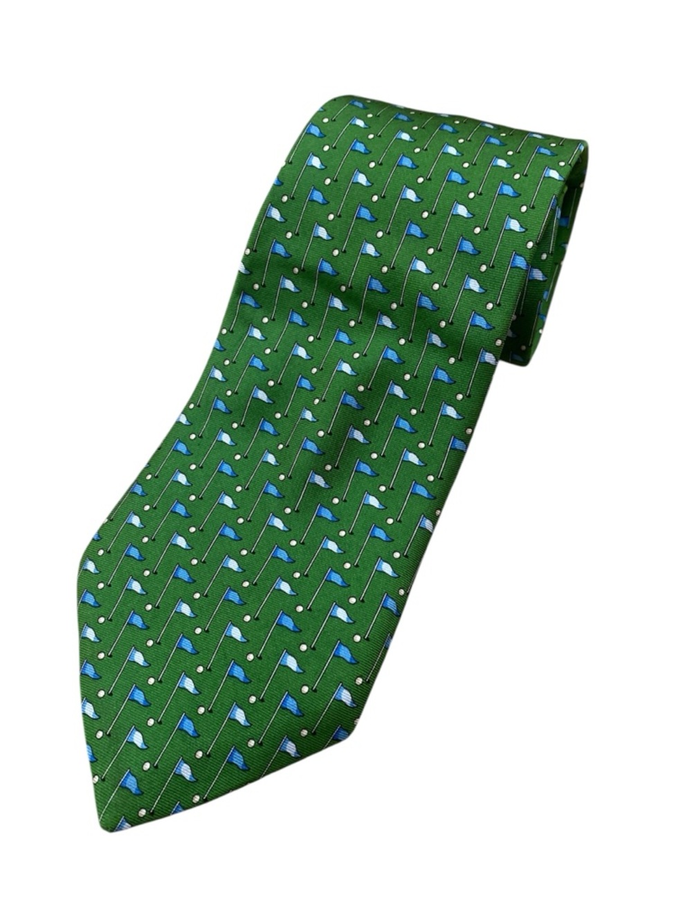 Brooks Brothers Green Tie with Blue and White Golf Flag Pattern